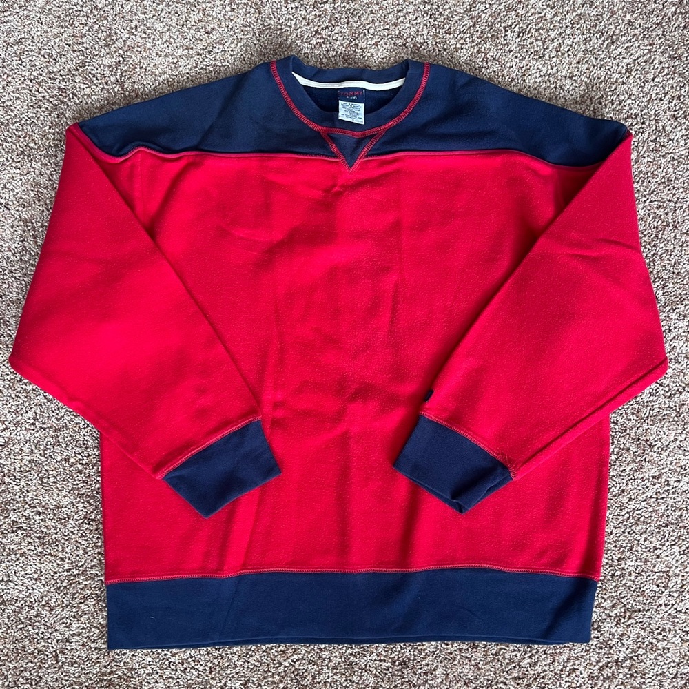 Vintage Y2K Tommy Jeans Red and Navy Color Block Crewneck Sweatshirt‎